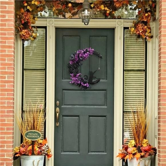Halloween Wreath for Front Door Halloween Moon Wreath with Mini Black Cat - Picture 7 of 7